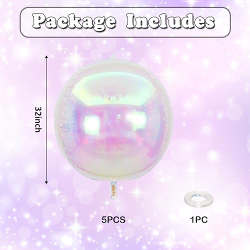 Image of Iridescent Round Foil Balloons 32 Inch 5 Pcs Holographic 4D Ball Balloons Clear Balloon Ornament Mylar Balloon for Girls Mermaid Under The Sea Rainbow Birthday Wedding Baby Shower Party Decor