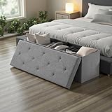 DUMOS 43in Foldable Storage Ottoman Bench, Storage Chest, End of Bed Foot Rest Stool with Padded Seat, Bedroom Bench for Living Room, Support 660lbs, Grey