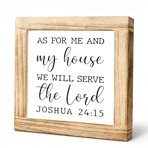 Christian Wooden Home Sign Bible Verse Wood Plaque As for Me and My House We Will Serve the Lord Joshua 24 15 Farmhouse Decor for Shelf Desk Tabletop Entryway 5.9 x 5.9 Inches