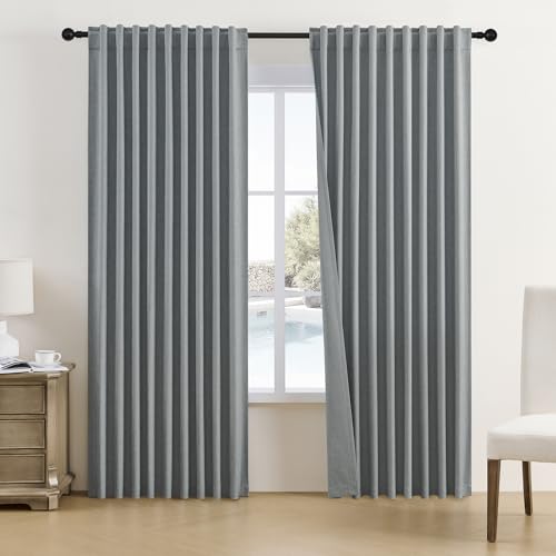 DUALIFE Grey Blackout Pleated Linen Curtains 96 Inches Long 8 ft Length for Patio Sliding Door Living Room (Back Tab/Rod Pocket/Hook Belt,72 Wide x 96 Length Inch,2Panels)
