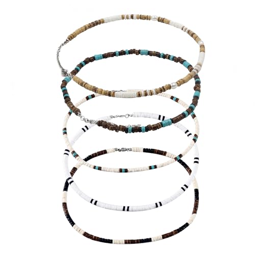 5 Pcs Puka Shell Necklace for Men, Men's Surfer Necklace, Brown Coconut Shell Beaded Necklace for Men, Beach Necklace for Women and Men, Hawaiian Necklace for Men Women, Mens Choker Necklace