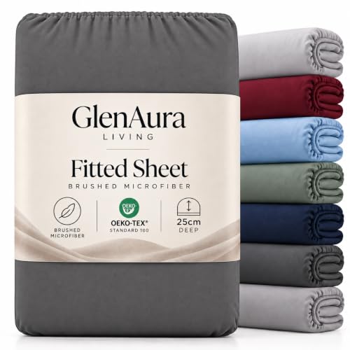 Image of GlenAura Living Fitted Sheet Double, Ash Grey - Deep Pocket 25cm - OEKO-TEX Certified - Brushed Microfibre - Bed Sheet, Soft Stretch Fit, Wrinkle Fade & Shrink Resistant