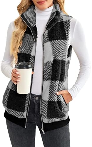 Leather Jacket Women， Women's Casual Fashion Sleeveless Vest Stand Collar Zip Plaid Plush Vest， Fleece Jacket Women， Girls' Outerwear Jackets & Coats Black