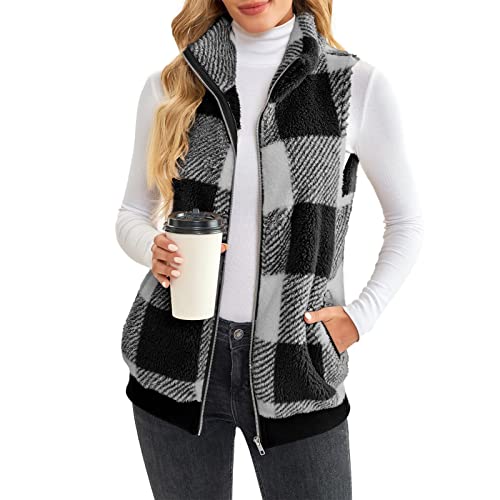 Leather Jacket Women， Women's Casual Fashion Sleeveless Vest Stand Collar Zip Plaid Plush Vest， Fleece Jacket Women， Girls' Outerwear Jackets & Coats Black #TOP1