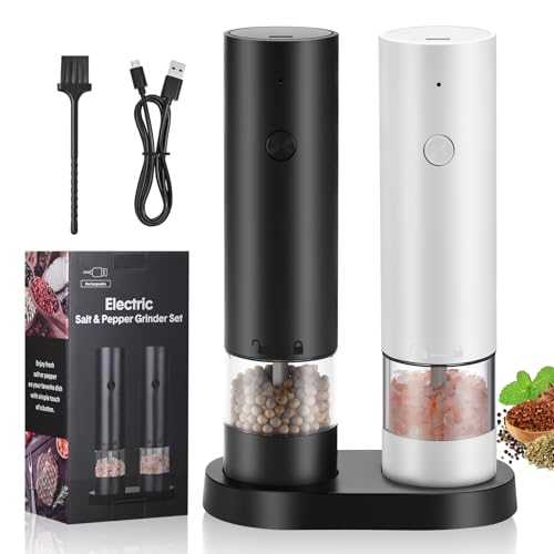 Hxro Electric Salt and Pepper Grinder Set, USB Rechargeable Kitchen Mills with Stand, Black and White, 40ml Capacity, One-Handed Operation, Adjustable Coarseness, 2-Pack