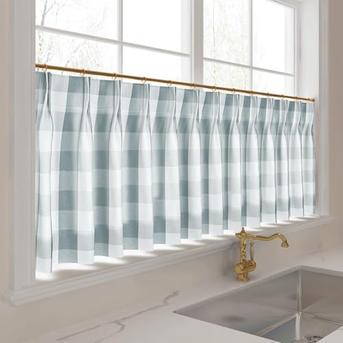 Image of TWOPAGES Pinch Pleat Cafe Curtains 30 Inch Long Buffalo Plaid Light Filtering Farmhouse Half Window Curtains for Bathroom (Light Blue Grid, 26W x 30L Inches, Set of 2)