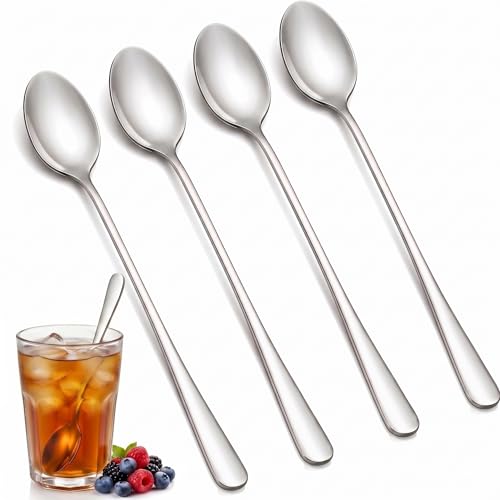 Latte Spoons Set of 4 7.7 Stainless Steel Long Handle Stirring Spoons with Pointed Teardrop Head | Silver Long Teaspoons for Espresso Iced Tea Sundae & Dessert | Mirror Polished Dishwasher Safe