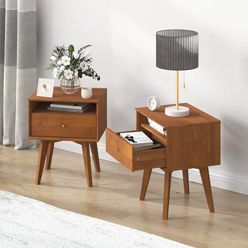 Galano Abby Serene Nachtkastje Set van 2, Mid Century 1 lade nachtkastje met open plank, nachtkastje voor slaapkamer, bijzettafel, sofa bijzettafel voor woonkamer, 14,2 "D x 18,1 "B x 21,9 "H, Amber