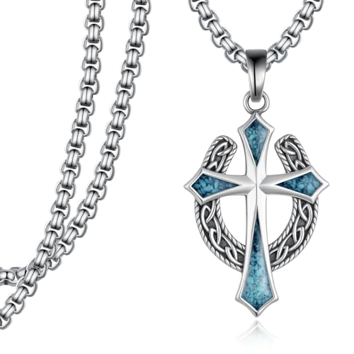 925 Sterling Silver Horseshoe Western Cross Necklace for Men - Turquoise Cross Pendant - Turquoise Cowboy Religious Jewelry