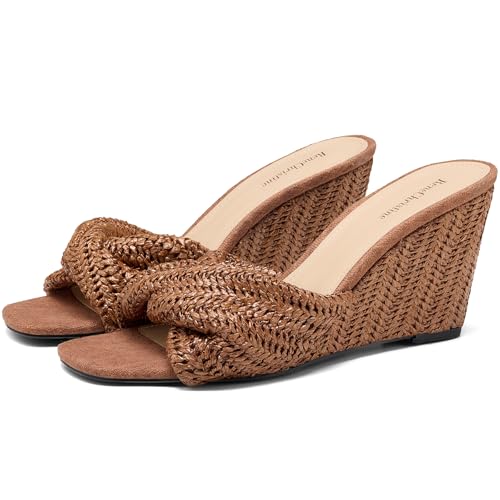 Image of Women's Wedges Heeled Slippers Fabric Heels Slip on Comfy Evening Dress Woven Sandals Square Toe Shoes for Women 3.3 inch Heels