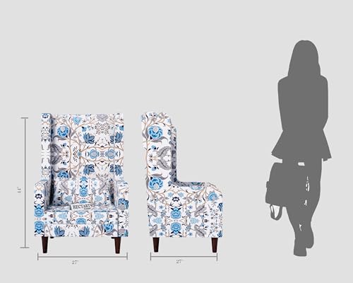 Image of Wooden Wing Chair with Ottoman | Wingback Chair for Living Room | Home Decor Furniture (White with Blue Print)