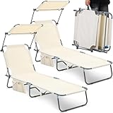 Menkxi 2 Pcs Foldable Beach Lounge Chair with 360° Canopy Sunshade, Side Pocket, Carry Handle Beach Sunbathing Recliner Tanning Chair 4 Position Adjustable Backrest for Outside Patio Poolside (Beige)
