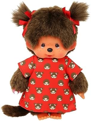 Sekiguchi 221295-Original Mädchen, Figurine Monchichi Dress and Bows, Brown Plush Animal Approximately 20 cm, 221295 image 5