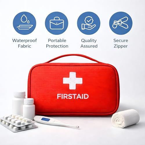 Image of First Aid Kit Bag Portable Medicine Storage Box with Handle Multi-Utility Emergency Organizer with Mesh Pouch & Elastic Loops Spacious & Lightweight Ideal for Home, Travel, Camping & Car Red