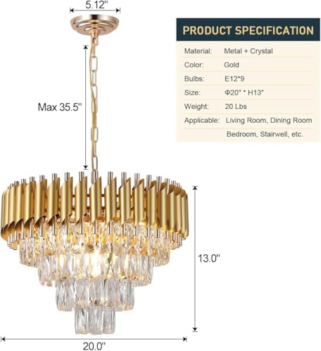 Image of NOZZ Modern Crystal Chandeliers with Ceiling Light Fixture for Living Room Bedroom and Hallway (Pure Gold Moving, 500MM)