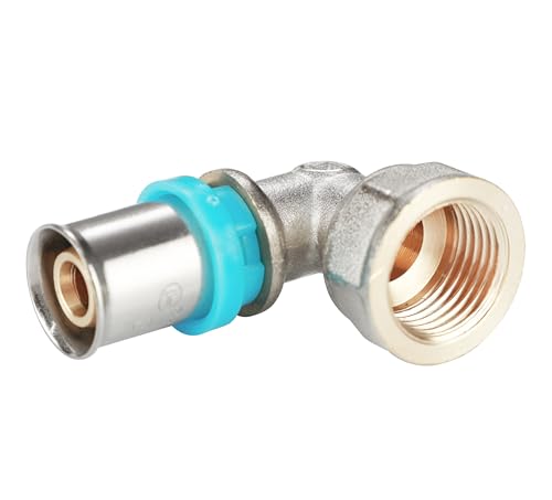 Erfu Gomito femmina dado libero a crimpare multistrato - raccordo 90° certificato DVGW, multi-profilo U/H/TH, ottone affidabile (20 mm x 3/4F-V)