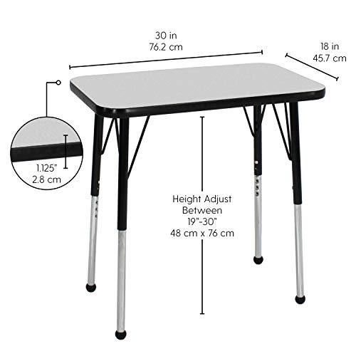 Image of FDP Rectangle Single Student Activity Table (30 x 18 inch), Standard Ball Glide Legs, Adjustable Height 19-30 inches For Social Distance, Virtual In-Home, Classroom Learning - Gray Top /Black Edge