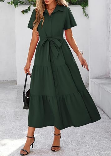 Image of KIRUNDO Summer Button Down Wedding Guest Shirt Dresses for Women Maxi Flutter Short Sleeve Flowy Tiered Beach Sun Dress