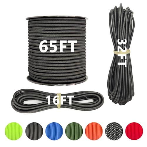 LUYADIN 1/4' x 32' Marine Grade Bungee Cord Elastic Shock Cord, Kayak Stretch String Rope, Heavy Duty Bungee Shock Cords for Repairing Tent Poles, DIY, Tie Downs (Black)