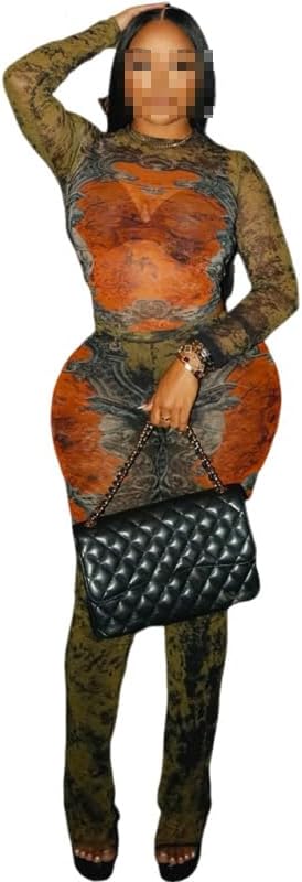 Women's Sexy Two Piece Set Fashion Print Long Sleeve Round Neck Tops Bodycon Pants See Through Clubwear Outfits