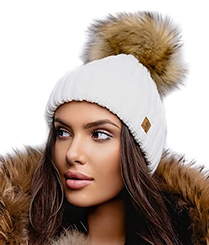 4sold para Mujer Invierno Más Cálido Sombrero Gorra with Large Pom Pom de la Bola Gorra Tejida Gorra Grande Snowboard Ski Bobble Circle Little Crystals (Ecru)