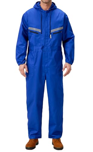 Yukirtiq Men's Workwear Hooded Boilersuit Coverall with Multi Pockets, Heavy Duty Polycotton Overall Trousers Mechanics Boiler Suit with Reflective Tape, Royal Blue, L