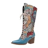 MlYJmer Botas Vaqueras de Media Pantorrilla con Cordones, Informales, Bordadas y de tacón Alto para Mujer,Azul,39 EU