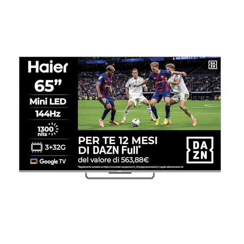Haier Mini LED 4K UHD H65M90EUX 65'' Smart TV, Google TV, Dolby Atmos e Dolby Vision, 144Hz, HDR 10, Google TV, Processore Quad Core, Bluetooth 5.1, DBX TV, HDMI 2.1 x 4 [2024]
