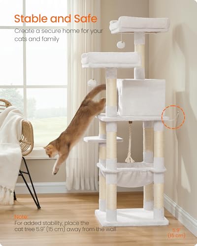 Image of Feandrea Cat Tree, 56.3-Inch Cat Tower for Indoor Cats, Multi-Level Cat Condo with 11 Scratching Posts, 2 Perches, Cave, Hammock, Cream White UPCT015W02