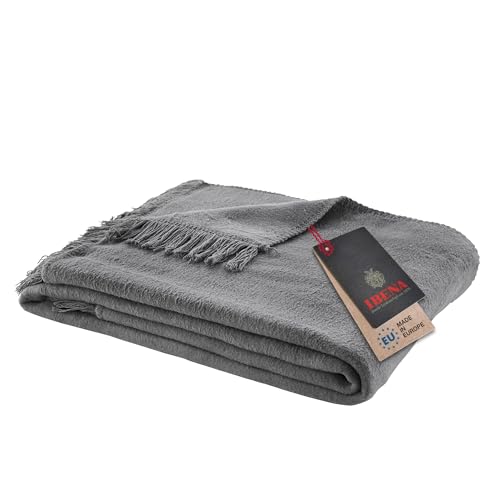 Ibena Braga Fransendecke 150x200 cm - Baumwollmix weich, warm & waschbar, Kuscheldecke mit Fransen hellgrau einfarbig