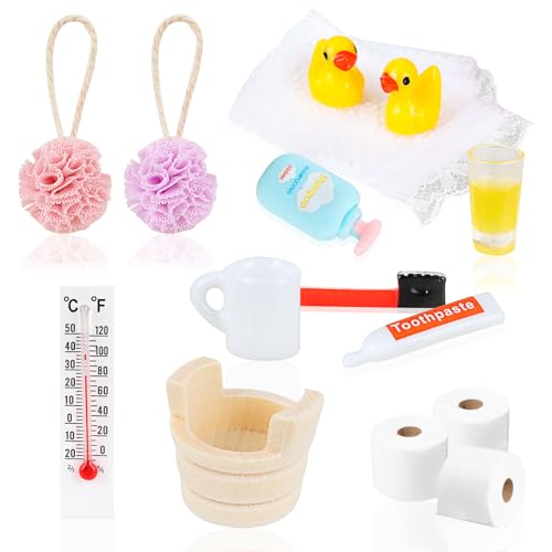 SUBRINGE - Accessoires Maison de Poupée 15 Pièces, Miniature pour Maison de Poupée, Mini Accessoires Salle de Bain, Mini Jouet pour Maison Lutin, Articles de Toilette Miniatures, Décoration de Noël de Lutin 1:12