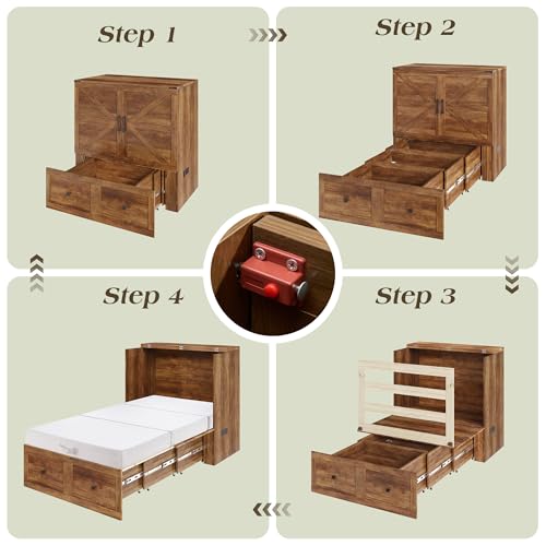 Image of LUXOAK Twin Murphy Bed with 6 inch White Tri-Fold Memory Foam Mattress, Storage Drawer & Charging Station, Space-Saving Design for Home Office or Guest Room, Barnwood