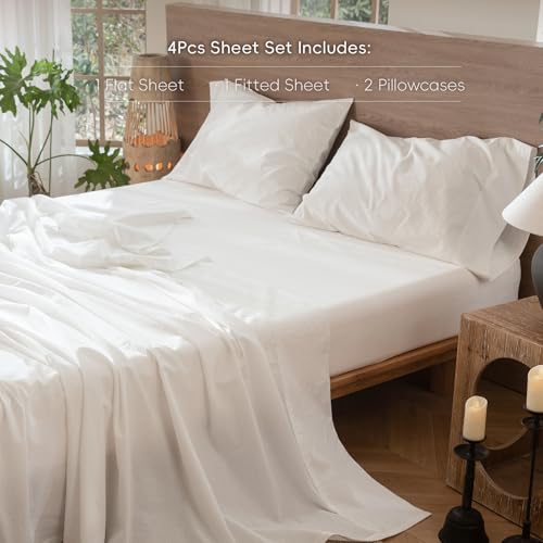 Image of MooMee Sheet Set 100% Washed Cotton Linen-Like Extra Deep Pocket Cal King | Relaxed Linen-like Texture. Soft, Breathable & Lightweight Comfort. 15-19 inch Extra Deep Pocket with All-around Elastic