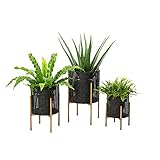 Glitzhome 3 Set Modern Metal Floor Planter Set with Stand, Flower Pot Holders Black Faux Wicker...