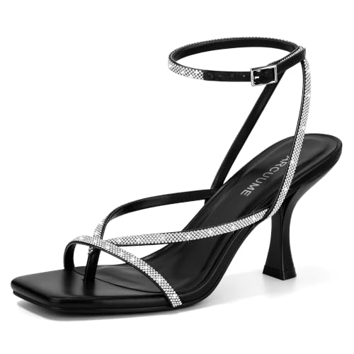 Image of Carcuume Womens Kitten Heels Square Toe Thong Strappy Ankle Strap Stiletto Heel Sandals