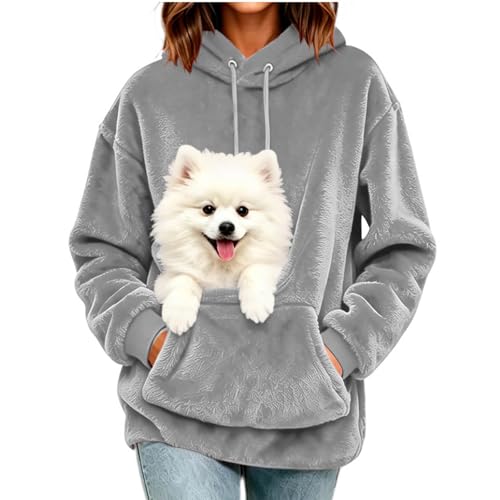 Hoodie with Dog Pouch Pet Pouch Hoodie Women Kangaroo Pocket Dog Cat Carrier Soft Fleece Pullover Sudaderas Mujer Capsules Wardrobe for Women Gray S - image 5