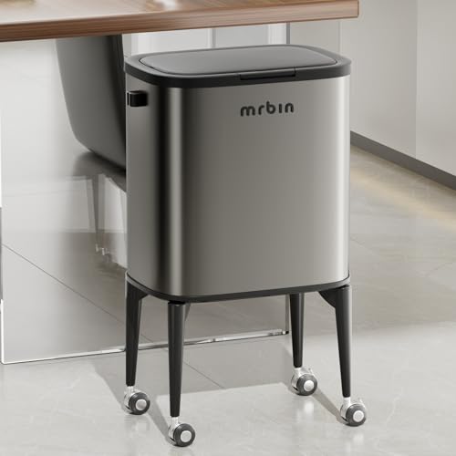 MRBIN Metal Kitchen Trash Can with Wheel Legs, 36L / 9.5gal Medium Press Lid Slim Removable Waste Basket, Pet Proof Tall Narrow Garbage Pail for Vanity, Bedroom, Bathroom, Living Room, Eclipse Grey
