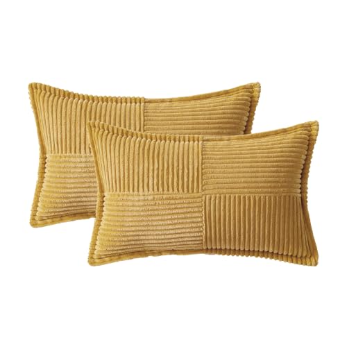 Image of MIULEE Decorative Lumbar Throw Pillow Covers for Couch Bed Livingroom 12x20 Inch Set of 2 Gold Boho Accent Throw Pllows Broadside Striped Patchwork Soft Corduroy Summer Pillowcases