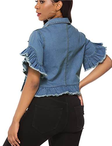 Image of Suvimuga Women's Denim Jacket Button Down Distressed Ruffle Sleeve Crop Jean Jackets Coat