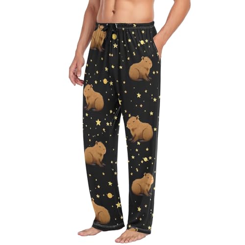 Funny Brown Capybara Pajama Pants Yellow Stars Men's Pajama Bottoms Lounge Sleepwear PJs Casual Lightweight Sleep Pants M4