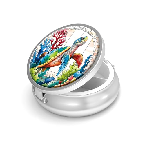 Image of Pill Box-3 Compartment Small Pill Case for Purse & Pocket Mini Metal Pill Holder Travel Pill Container to Hold Supplements Vitamins BPA-Free (Sea Turtle)