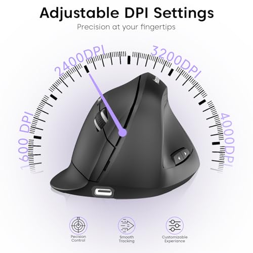 Image of Sounce ErgoFlow Vertical Wireless Mouse - Bluetooth & 2.4GHz Dual Mode, 800 /1600 /2400 /3200 /4000 DPI Adjustable, 6 Buttons, Rechargeable Battery, Silent Click, Ergonomic Design (Black)