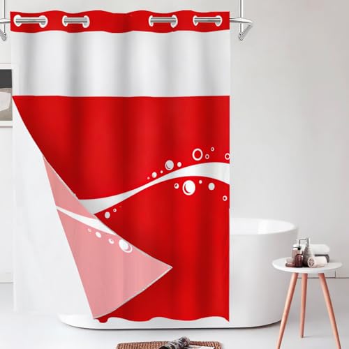 Shrahala Classic Red Shower Curtain with Snap in Liner Set, White Ribbons Wave No Hooks Stall Curtain Waterproof for Bathtubs Magnetic Hem 54 X 80 in
