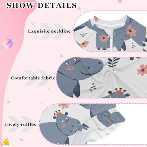 Cartoon Hippo Animals Girls Long Sleeve Swimsuit Rash Guard One Piece Bathing Suits Zipper 3-12T4