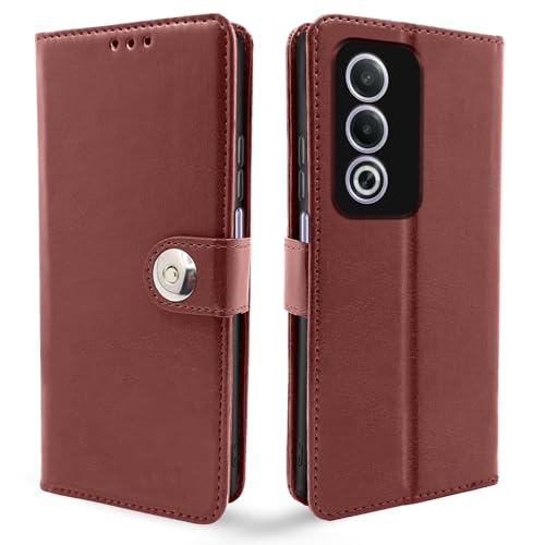 Image of Pikkme Flip Cover Leather Finish | Inside TPU with Card Pockets | Wallet Stand and Shock Proof | Complete Protection Button Flip Case for Oppo A3 Pro 5G (Brown)