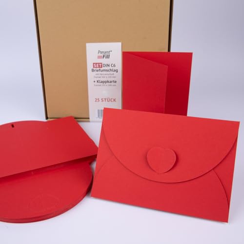PresentFill® - blanko Falt-Karten inkl. Briefumschläge mit Herz Verschluß - 25er Set - Rubin Rot - Klappkarten zum selbst gestalten, beschriften oder bedrucken - DIN A6 / C6 PresentFill® - blanko Falt-Karten inkl. Briefumschläge mit Herz Verschluß - 25er Set - Rubin Rot - Klappkarten zum selbst gestalten, beschriften oder bedrucken - DIN A6 / C6