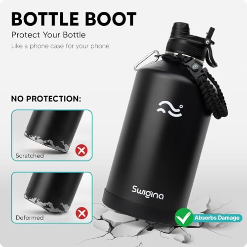 Image of Swigina 1 Gallon Insulated Water Bottle with Silicone Boot (48hrs Cold /24hrs Hot) - DIY Stickers, Leakproof, BPA Free, 128 oz [2-IN-1 LID]