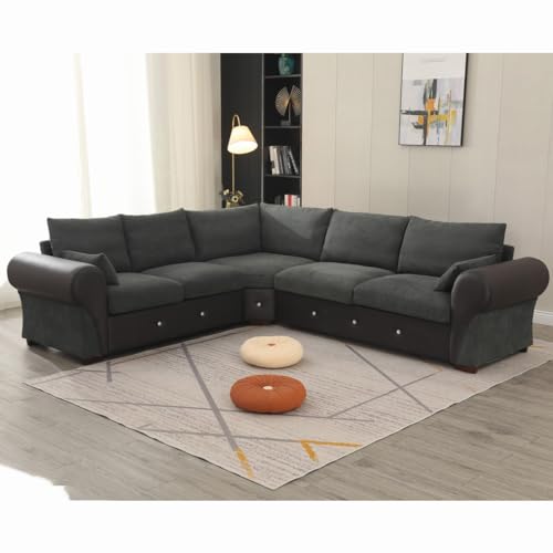 Panana Corner Sofa Linen Fabric Suite & Cushions - Sectional Group Chesterfield Sofa Settee - large corner sofa for living rooms (Dark Gray, 6 Seater L shaped Corner Sofa)