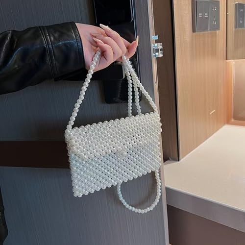 Image of SHESRA Luxury Pearl Bag Chain Bag Purse Bags, Artificial Pearl Clutch Crossbody Handmade Bags Evening Bags for Party Wedding Bridal Party Travel Prom(White)
