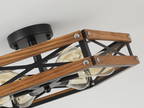 6-Light Large Rustic Farmhouse Wood Flush Mount Ceiling Light Fixture 20 inch Oak Wood and Metal Cage Semi Flush Mount Ceiling Light for Hallway Entry Farmhouse Bedroom Living Room, Black by Wylitora - Used condition - Image 5